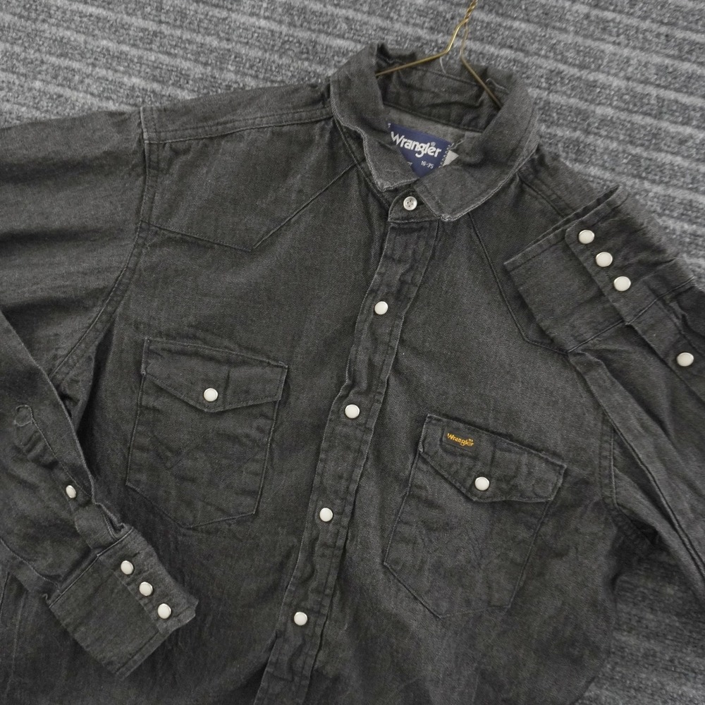 Vintage 90s Wrangler Western Shirt 16-35 Black Pearl Snap Denim Long Tail USA